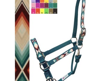Custom Horse Halter Handmade USA by Halter All, SouthWestern Western Cowboy Teal Tan, Snap Breakaway, 26 Colors Nylon, Cob WB, 10yrs