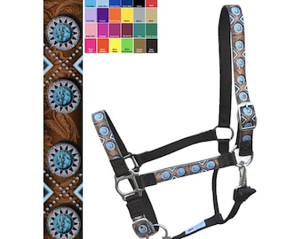 Custom DONKEY Halter Handmade USA by Halter All, Western Concho Turquoise Cowboy, Snap Throat, Breakaway, 26 Colors Nylon, Med Large, 10yrs