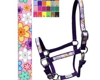 Custom Horse Halter Handmade USA by Halter All, Daisies Pink Purple Yellow Lavender White, Snap Throat, Breakaway, 26 Colors, Cob WB, 10yrs