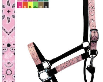 Custom Horse Halter Handmade USA by Halter All, Western Pink Bandana Cowgirl, Snap Throat, Breakaway, 26 Colors Nylon, Cob WB