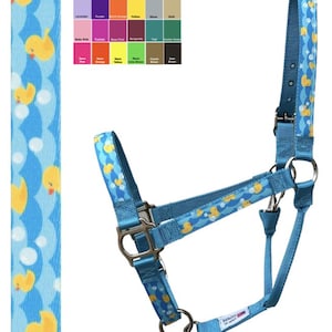 Custom Horse Halter Handmade USA by Halter All, Yellow Rubber Ducks Pond Waves, Snap Throat, Breakaway, 26 Colors Nylon, Cob WB, 10yrs immagine 1