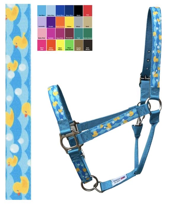 Custom Horse Halter Handmade USA by Halter All, Yellow Rubber Ducks Pond Waves, Snap Throat, Breakaway, 26 Colors Nylon, Cob WB, 10yrs