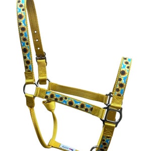 Pu&ograve; includere: Un guinzaglio giallo per cavalli con una stampa di girasoli blu e gialli. Il guinzaglio ha una fibbia argentata e un anello argentato.