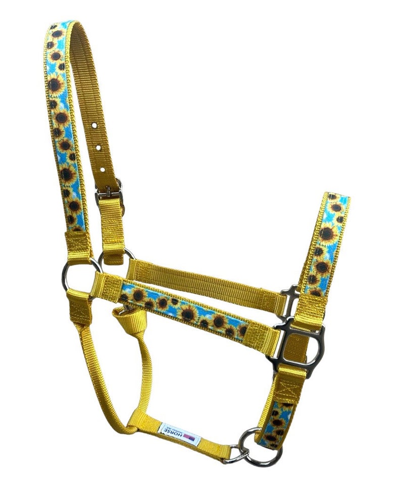 Pu&ograve; includere: Un guinzaglio giallo per cavalli con una stampa di girasoli blu e gialli. Il guinzaglio ha una fibbia argentata e un anello argentato.