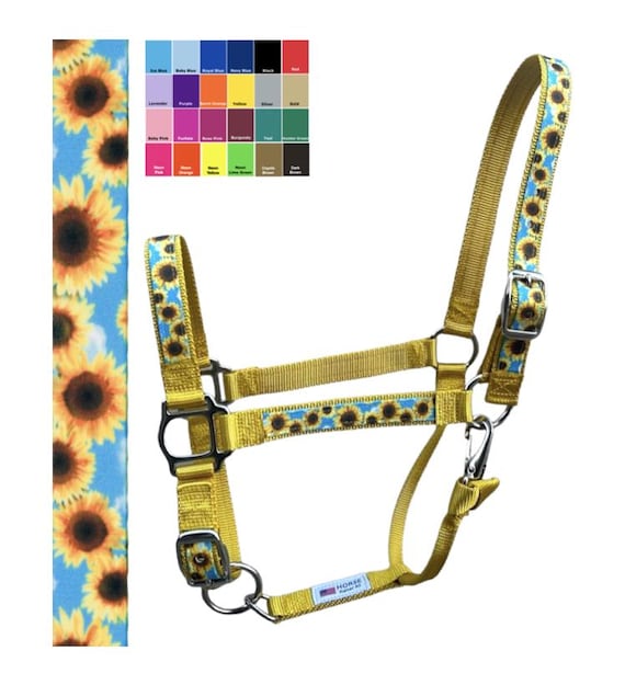 Custom Horse Halter Handmade USA by Halter All, Sunflower Yellow Blue Garden Flower, Snap Throat, Breakaway, 26 Colors, Cob WB, 10yrs