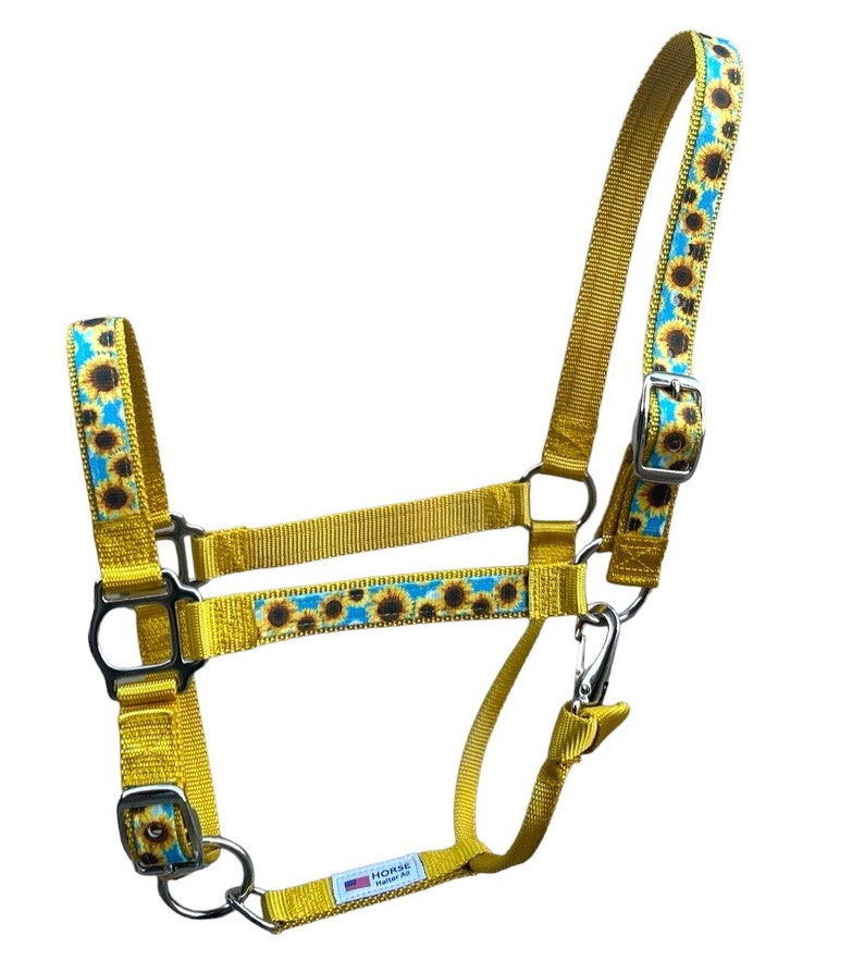 Pu&ograve; includere: Un guinzaglio giallo per cavalli con stampa di girasole. Il guinzaglio ha una fibbia argentata e un anello argentato. Il guinzaglio &egrave; in nylon.
