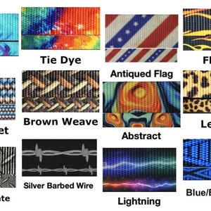 May include: A selection of patterned fabric swatches. Designs include tie-dye, flames, a unicorn theme, an American flag, brown weave, leopard print, blue basket weave, abstract art, barbed wire, diamond plate, lightning, and a blue and black diamond pattern.