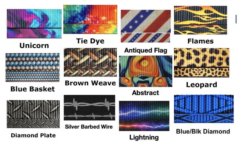 May include: A selection of patterned fabric swatches. Designs include tie-dye, flames, a unicorn theme, an American flag, brown weave, leopard print, blue basket weave, abstract art, barbed wire, diamond plate, lightning, and a blue and black diamond pattern.