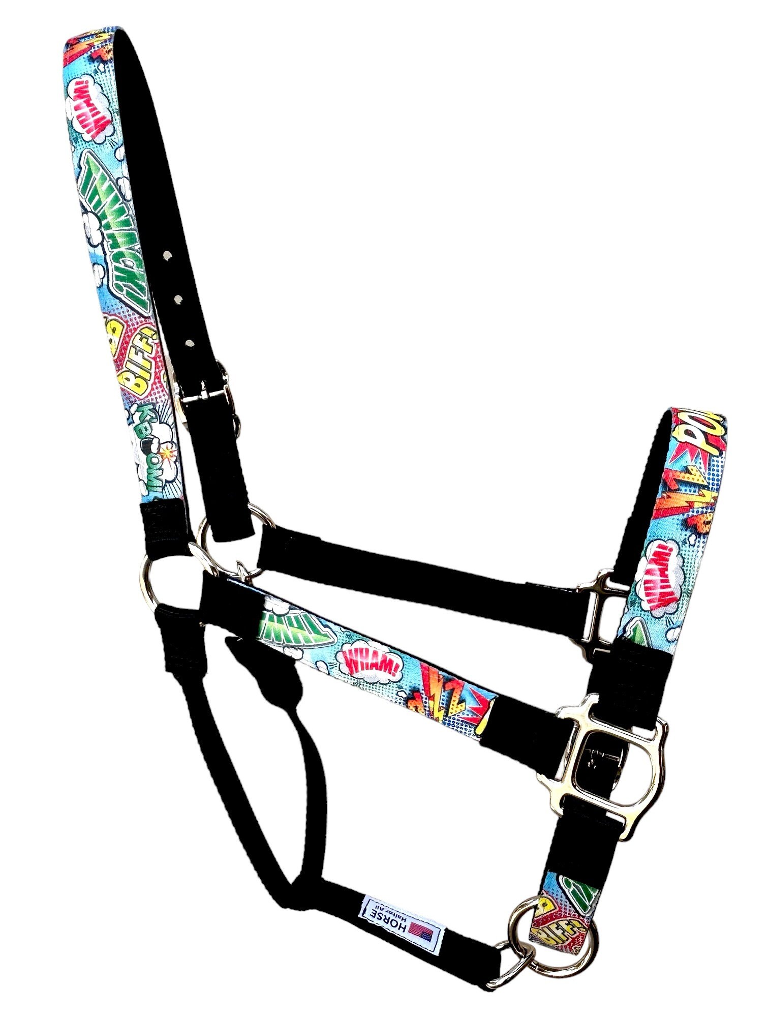 Horse Halter Handmade USA by Halter All, Black Cartoon Comics Pow Wham Blue Red Green 25 Colors/50 Patterns Custom Nylon, Cob WB, 10yrs