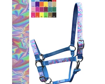 Custom Horse Halter Handmade USA by Halter All,  Holographic Hologram Lavender Pink, Snap Throat, Breakaway, 26 Colors, Nylon, Cob WB, 10yrs