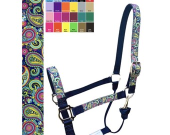 Custom Horse Halter Handmade USA by Halter All, Fuchsia Pink Paisley, Adjustable Nose, Snap, 25 Colors/50 Patterns Custom Nylon, Cob WB