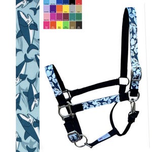 Custom Horse Halter Handmade USA by Halter All, Blue Sharks Mare Ocean Fish Sea, Snap Throat, Breakaway, 26 Colors Nylon, Cob WB, 10yrs