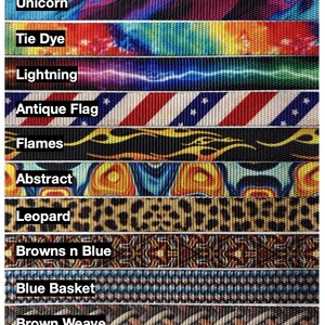 May include: A selection of patterned webbing samples, each with a different design name. Designs include "Unicorn," "Tie Dye," "Lightning," "Antique Flag," "Flames," "Abstract," "Leopard," "Browns n Blue," "Blue Basket," and "Brown Weave."