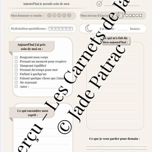 May include: A beige daily self-care journal page with French text. It includes sections for mood, energy levels, hydration, and daily self-care activities. The page also has space to write about what made the user feel good and what they want to remember for tomorrow.