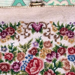 Antique VTG Petit Point Small Evening Bag / purse / Clutch w/ Unique Handle Strap ( Excellent Condition)