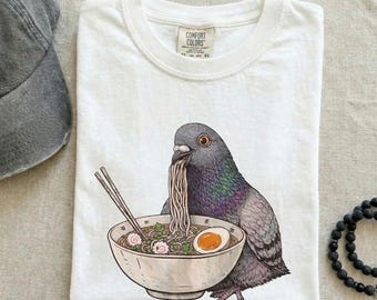 Retro Pigeon Eating Noodles Tee, Japanese Ramen Vintage Graphic Shirt