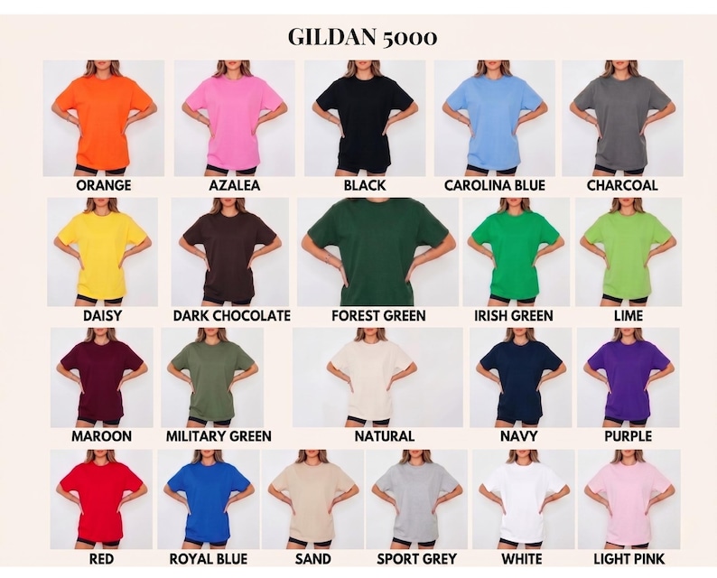 Peut inclure: Un nuancier Gildan 5000 pr&eacute;sentant vingt t-shirts &agrave; manches courtes dans diverses couleurs unies, notamment orange, azalea, noir, bleu carolina, anthracite, marguerite, chocolat noir, vert for&ecirc;t, vert irlandais, citron vert, bordeaux, vert militaire, naturel, marine, violet, rouge, bleu royal, sable, gris sport, blanc et rose clair.