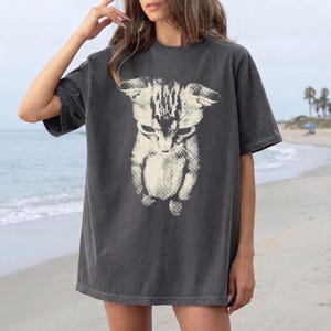 Peut inclure: Un t-shirt gris anthracite &agrave; manches courtes avec une grande impression graphique blanc cass&eacute; repr&eacute;sentant un chaton &agrave; l'aspect textur&eacute; et vieilli. Le t-shirt pr&eacute;sente un col rond, une coupe d&eacute;contract&eacute;e et une finition d&eacute;lav&eacute;e.