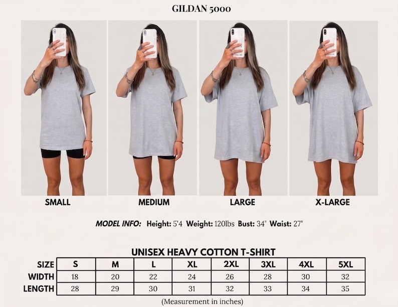 Peut inclure: Un t-shirt unisexe en coton &eacute;pais Gildan 5000 gris chin&eacute; pr&eacute;sent&eacute; en tailles small, medium, large et extra-large. L'image inclut un tableau des tailles avec largeurs et longueurs en pouces, ainsi que des informations sur le mod&egrave;le de 5'4 et 120lbs.