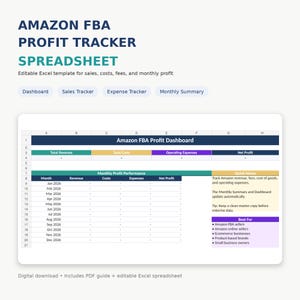 Könnte beinhalten: Eine digitale Tabellenvorlage mit dem Titel "AMAZON FBA PROFIT TRACKER" mit Abschnitten für Umsatz, Kosten und monatlichen Gewinn. Enthält ein Dashboard, einen Umsatz-Tracker und einen Kosten-Tracker. Die Vorlage ist für Amazon FBA-Verkäufer und E-Commerce-Unternehmen konzipiert.