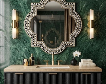 Quatrefoil Bone Inlay Wall Mirror – Moroccan Tribal Geometric Mirror