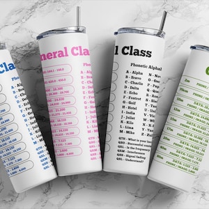 May include: Four white insulated tumblers with black straws are displayed. Each tumbler has a different text design in blue, pink, black, and green. The text includes the words "General Class", "1 Class", and "Gene", along with lists of data and phonetic alphabets.