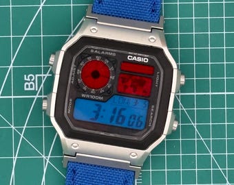 Custom Modded Casio AE1200 Watch: Blue Red Filters, Blue Band