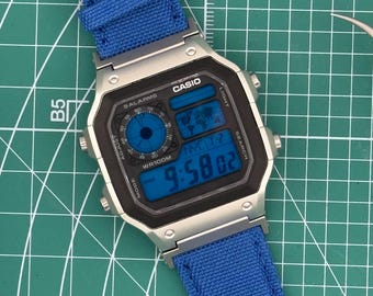 Casio AE1200 Watch with Blue Filters and Blue Band Custom Mods