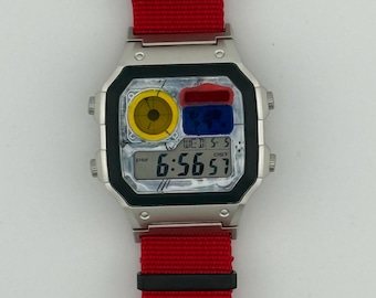 Custom Modded Casio AE1200 Watch, Red Blue Yellow Filters, Red Band