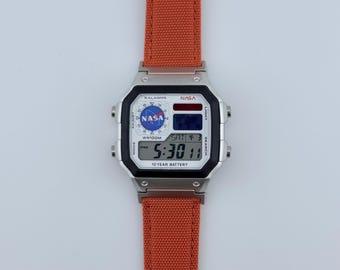Casio AE1200 NASA Meatball Logo Watch with Blue And Red Filters And Orange Band Custom Mods