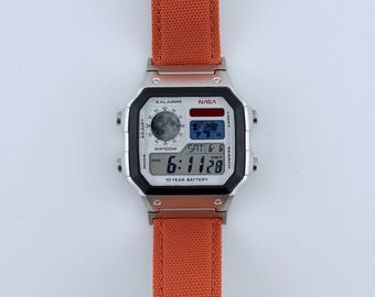 Casio AE1200 NASA Moon Watch with Blue And Red Filters And Orange Band Custom Mods