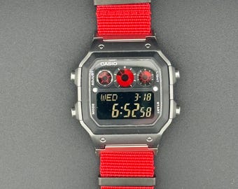 Custom Modded Casio AE1300 Watch with Red Filters and Band