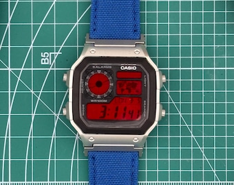 Casio AE1200 Watch with Red Filters and Blue Band Custom Mods