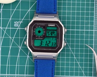 Casio AE1200 Watch with Green Filters and Blue Band Custom Mods
