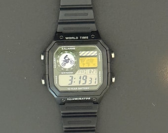 Custom Casio AE1200 Watch: Dirt Bike Filter, Yellow Stripe, Green Faceplate