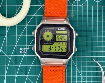 Casio AE1200 Watch with Neon Green Filters and Orange Band Custom Mods