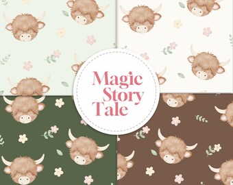 Highland Cow Seamless Pattern Bundle, Cute Cow Digital Paper, Nursery Fabric Pattern, Farm Animal Surface Design