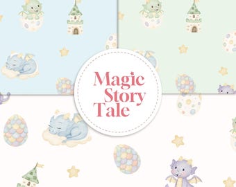 Baby Dragon Seamless Pattern Bundle, Cute Nursery Dragon Digital Paper, Kids Fabric Design