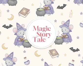 Wizard Mouse Seamless Pattern, Watercolor Halloween Digital Paper, Woodland Fall Fabric, Cute Mouse Pattern PNG