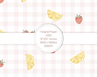 Strawberry Lemon Watercolor Seamless Pattern | Summer Gingham Digital Paper (Digital Download)