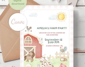 Editable Farm Birthday Invitation, Watercolor Animals, Barnyard Party Template (Digital Download)