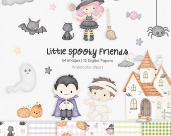 Halloween Watercolor Clipart Bundle, Cute Spooky Kids & Ghosts, Digital Download