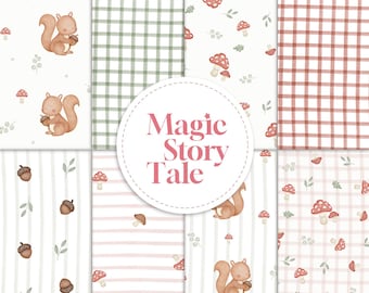 Woodland Squirrel Mushroom Seamless Pattern Bundle, Pastel Gingham Digital Paper (Instant Download)