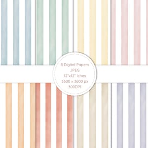 May include: Eight digital papers with vertical stripes in pastel colors: blue, green, yellow, pink, orange, red, beige, and purple. Each paper is 12"x12" inches and has a resolution of 3600 x 3600 pixels.