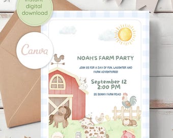 Farm Birthday Invitation, Watercolor Animals, Editable Canva Template (Digital Download)
