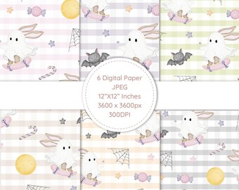 Ghost Bunny Halloween Pattern Bundle, Pastel Watercolor Digital Paper, Cute Bunny Seamless Patterns, Kids Halloween Fabric