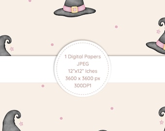 Pink Witch Hat Seamless Pattern, Pastel Halloween Digital Paper, Girly Halloween Fabric, Cute Watercolor Witch Pattern