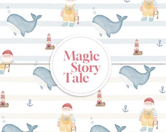 Watercolor Nautical Seamless Pattern, Baby Whale & Fisherman Digital Paper, Lighthouse Ocean Nursery Fabric Design