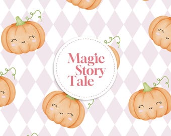 Cute Pumpkin Pattern Digital Paper, Halloween Seamless Print, Kawaii Pumpkin Background, Fall Nursery Wall Art, Harlequin Diamond Print