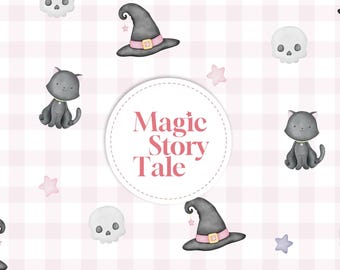 Cute Halloween Seamless Pattern, Witch Hat Black Cat Skull Digital Paper, Pastel Halloween Fabric, Watercolor Pattern PNG
